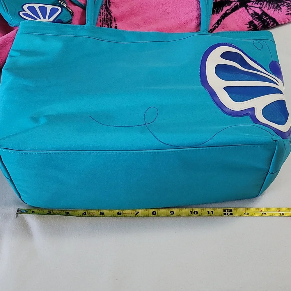 NEW Large Canvas Beach Tote Bag Butterfly Summer Living Turquoise Blue 2pc set
